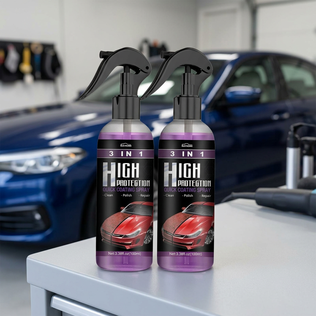 AI-styled pair of RAYHONG coating spray bottles on a garage bench
