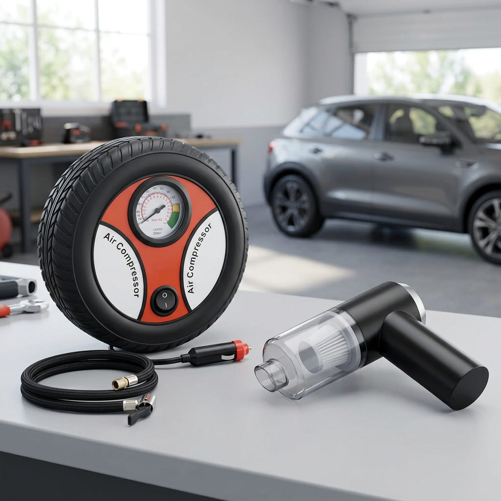 AI-styled air compressor and handheld cleaner together on a garage bench