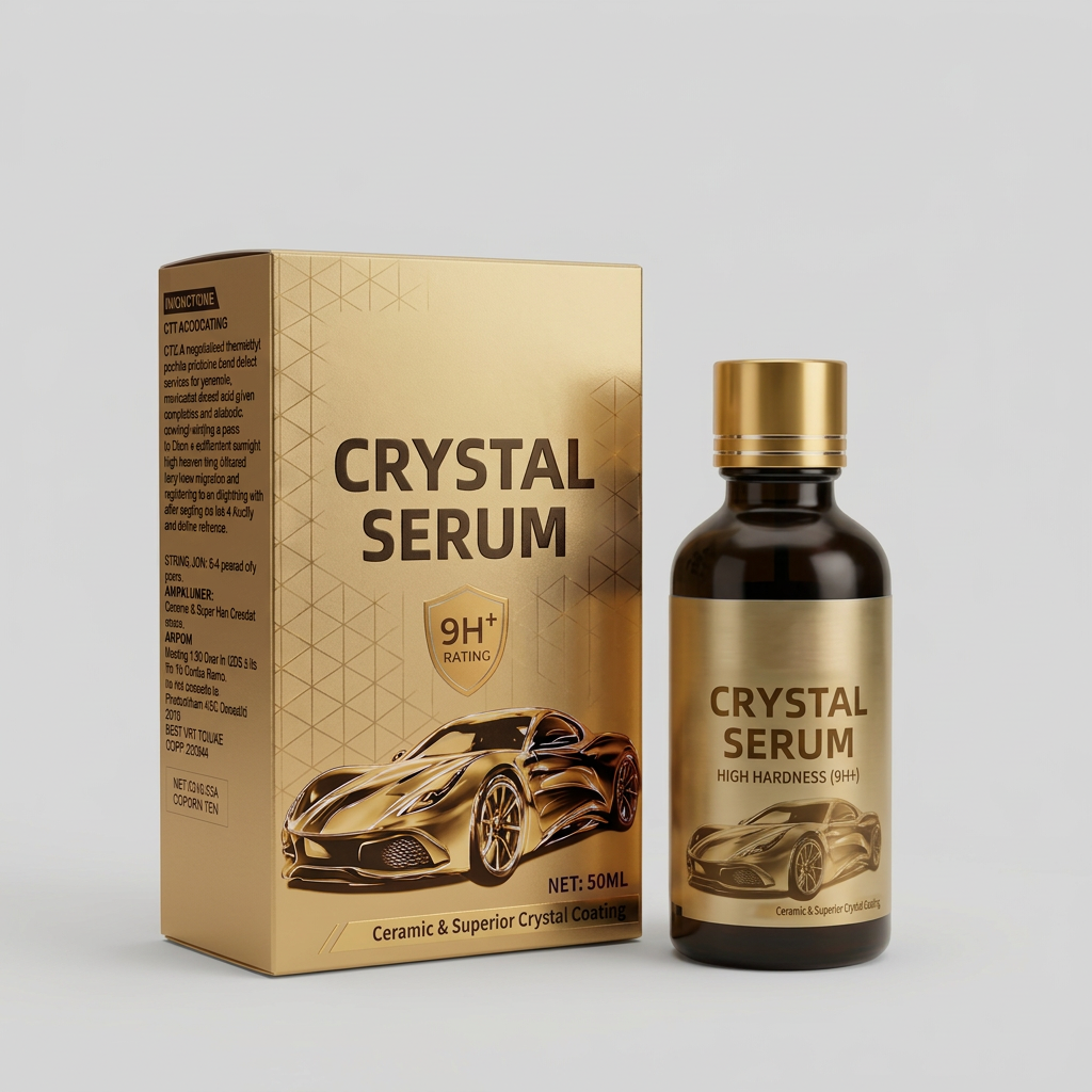 AI-styled studio view of Crystal Serum ceramic coating bottle and gold carton