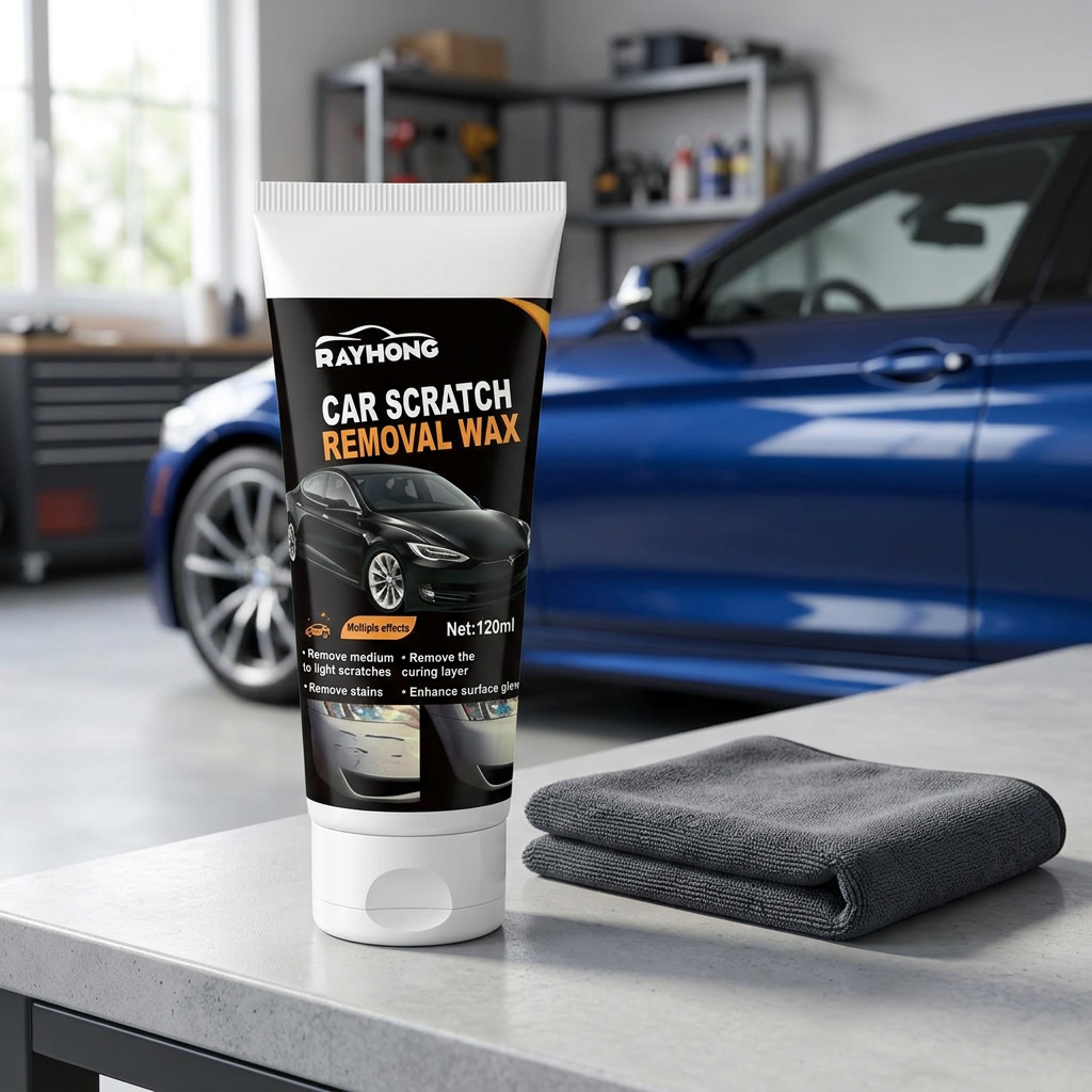 AI-styled RAYHONG car scratch removal wax on a detailing bench