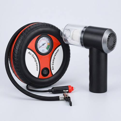 AI-styled Car Clean and Inflate Combo with round air compressor and black handheld cleaner