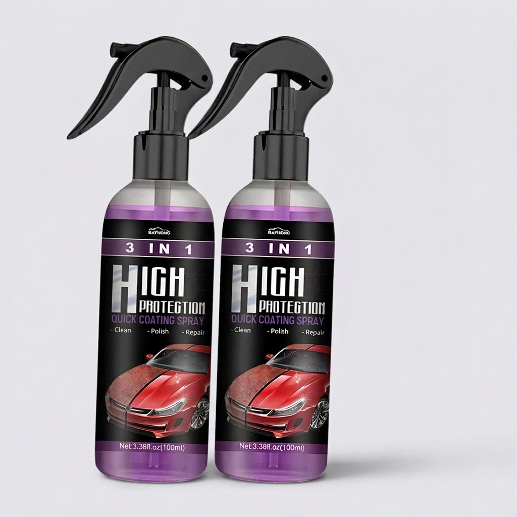 AI-styled studio view of two RAYHONG coating spray bottles