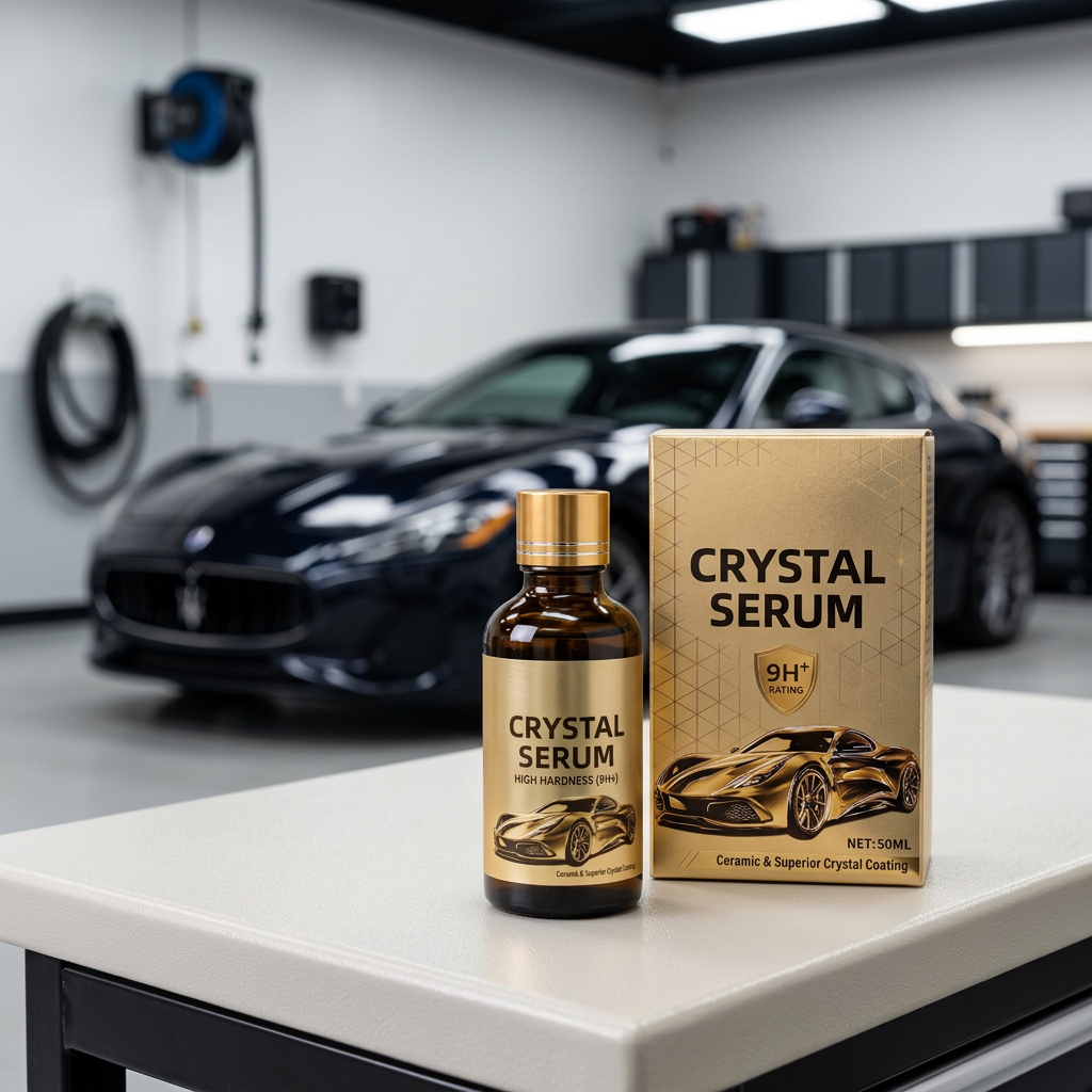 AI-styled Crystal Serum ceramic coating bottle and carton on a garage bench