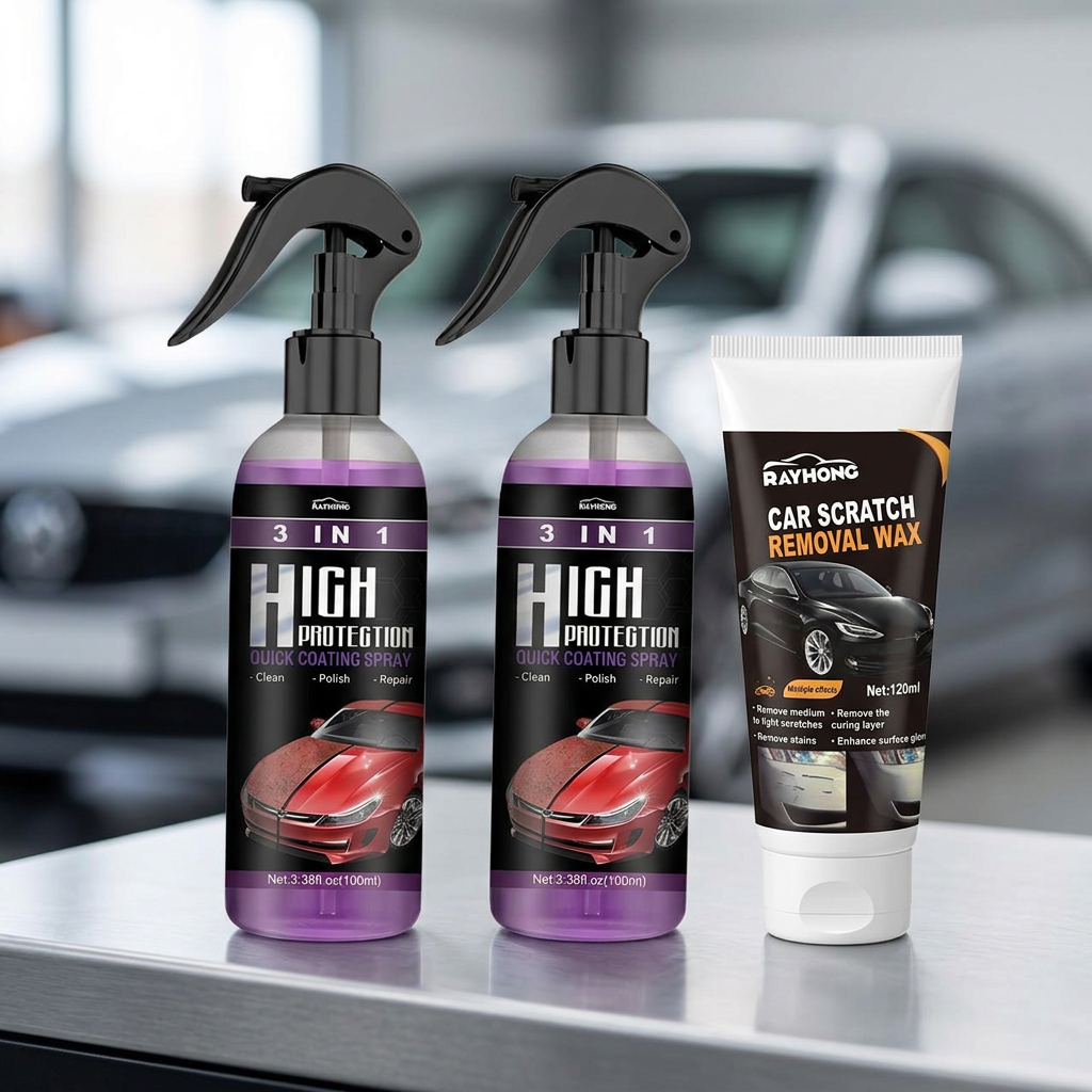 AI-styled Scratch and Shine Kit, two coating bottles and one wax tube on a garage bench