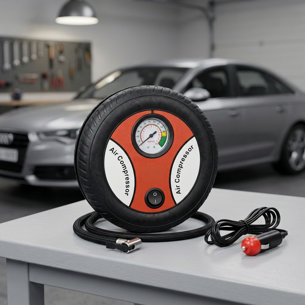 AI-styled round car air compressor on a garage bench with hose and power lead