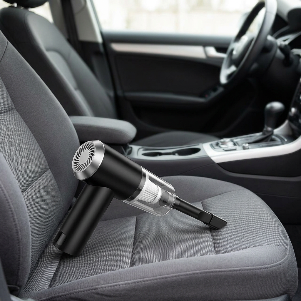 AI-styled handheld cleaner with narrow nozzle resting on a car seat
