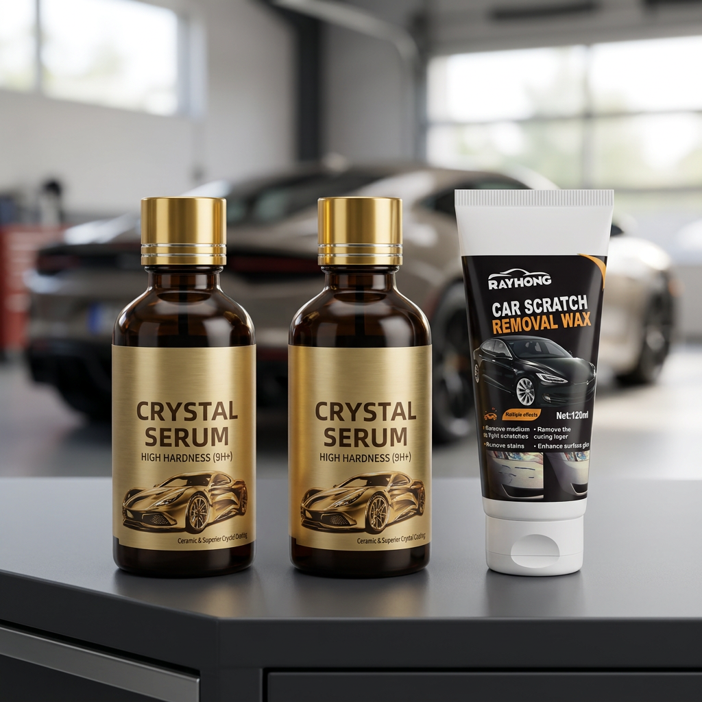 AI-styled Premium Shine Kit with two ceramic coating bottles and one wax tube on a garage bench