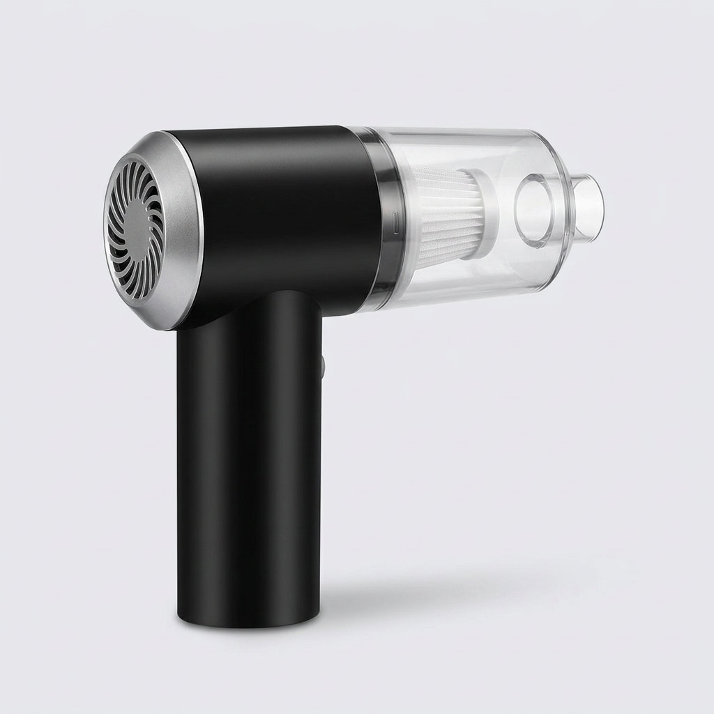 AI-styled studio view of black handheld cleaner with clear filter chamber